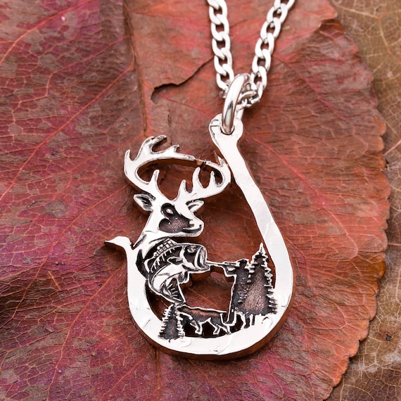 Hunting Fishing Necklace, Buck, Bass Fish, Duck and Hunter Inside