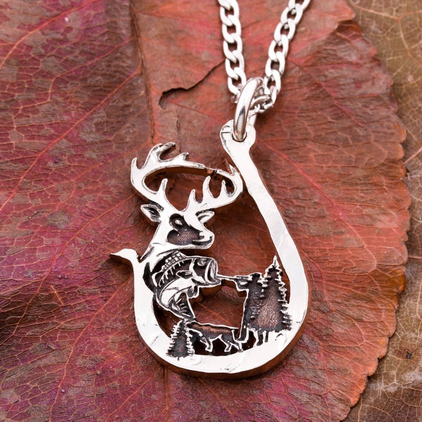 Hunting Fishing Necklace, Buck, Bass Fish, Duck and Hunter Inside Fishing Hook, Ultimate Hunting Gift For Him, Hand Cut Coin