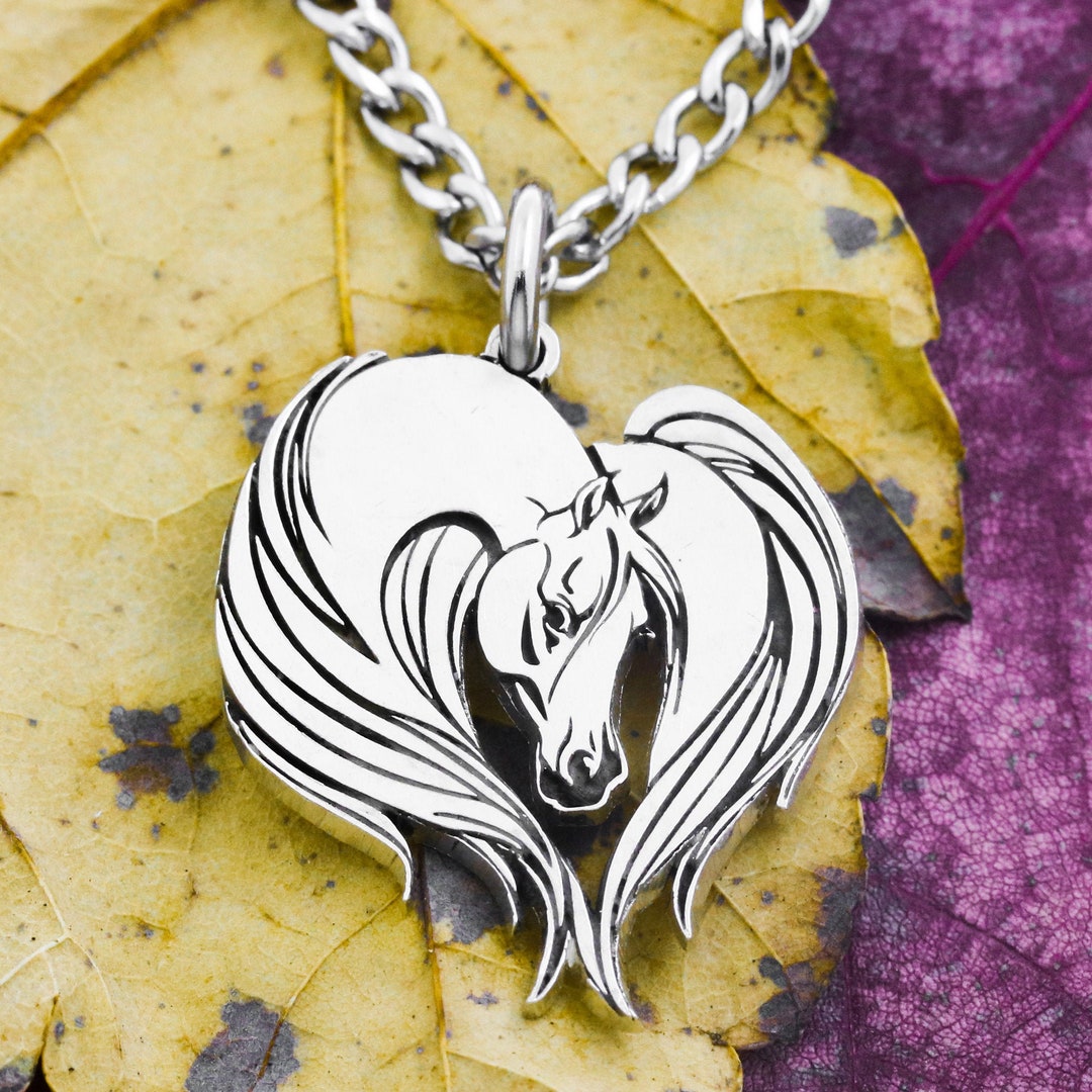 Silver Horse Heart Necklace, Elegantly Engraved Horse Hair and Features