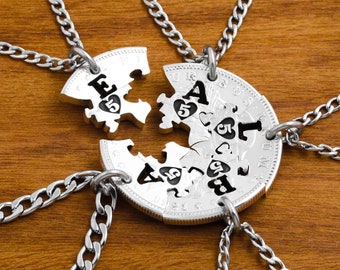 5 BFF Puzzle Piece Necklaces, Engraved Hearts and Number, Cut Initials, Best Friends or Family Gifts, Hand Cut Coin