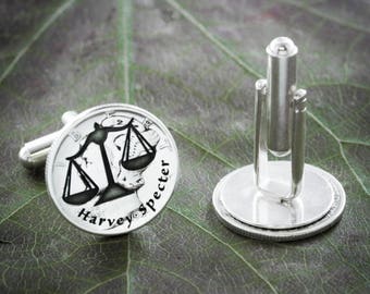 Silver Lawyer Cufflinks, Name Engraved, Mercury Dime, Scales of Justice Law Student Gift