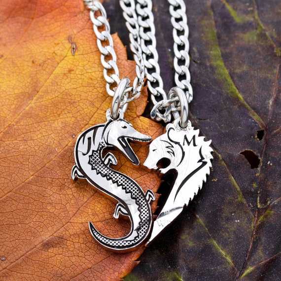 Alligator and Bear Couples Necklaces With Custom Engraved Initials Heart shaped for Couples Tribal Jewelry Animal Jewelry Hand Cut Coin Etsy UK