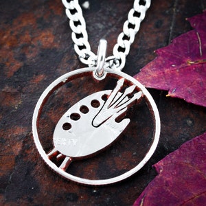 Painters Palette Necklace, Artsy Jewelry, Artist Gift, Brush Charm, Hand Cut Coin