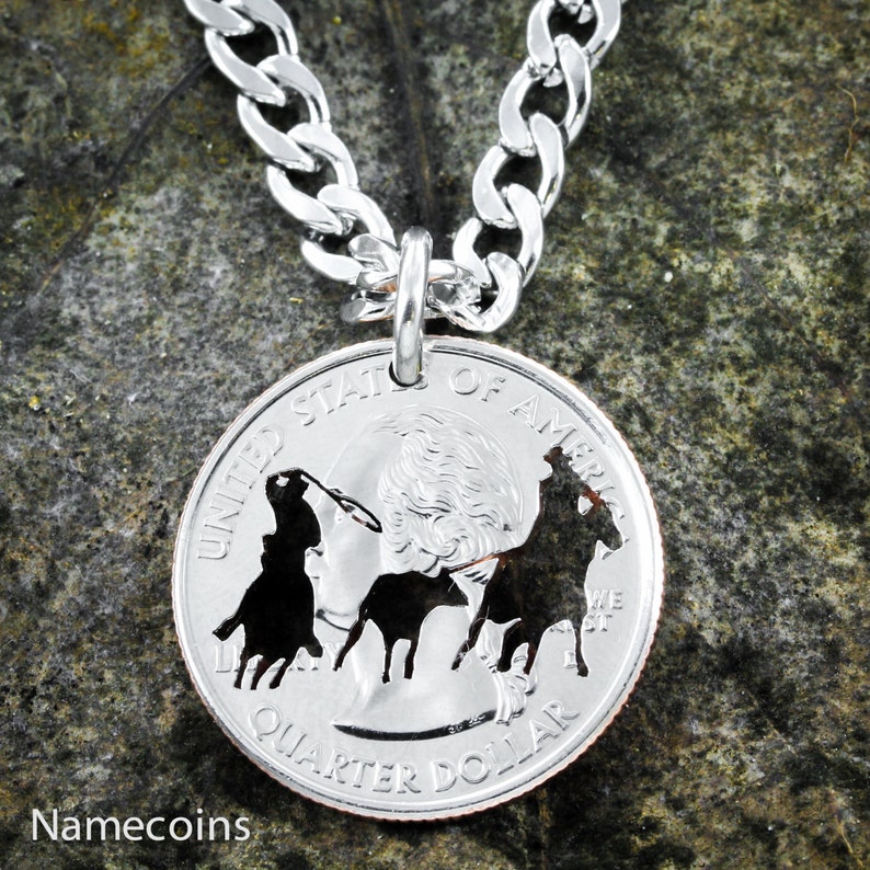 Team Roping Necklace, Calf Roper, Western Jewelry Hand Cut Coin, On Quarter image 1