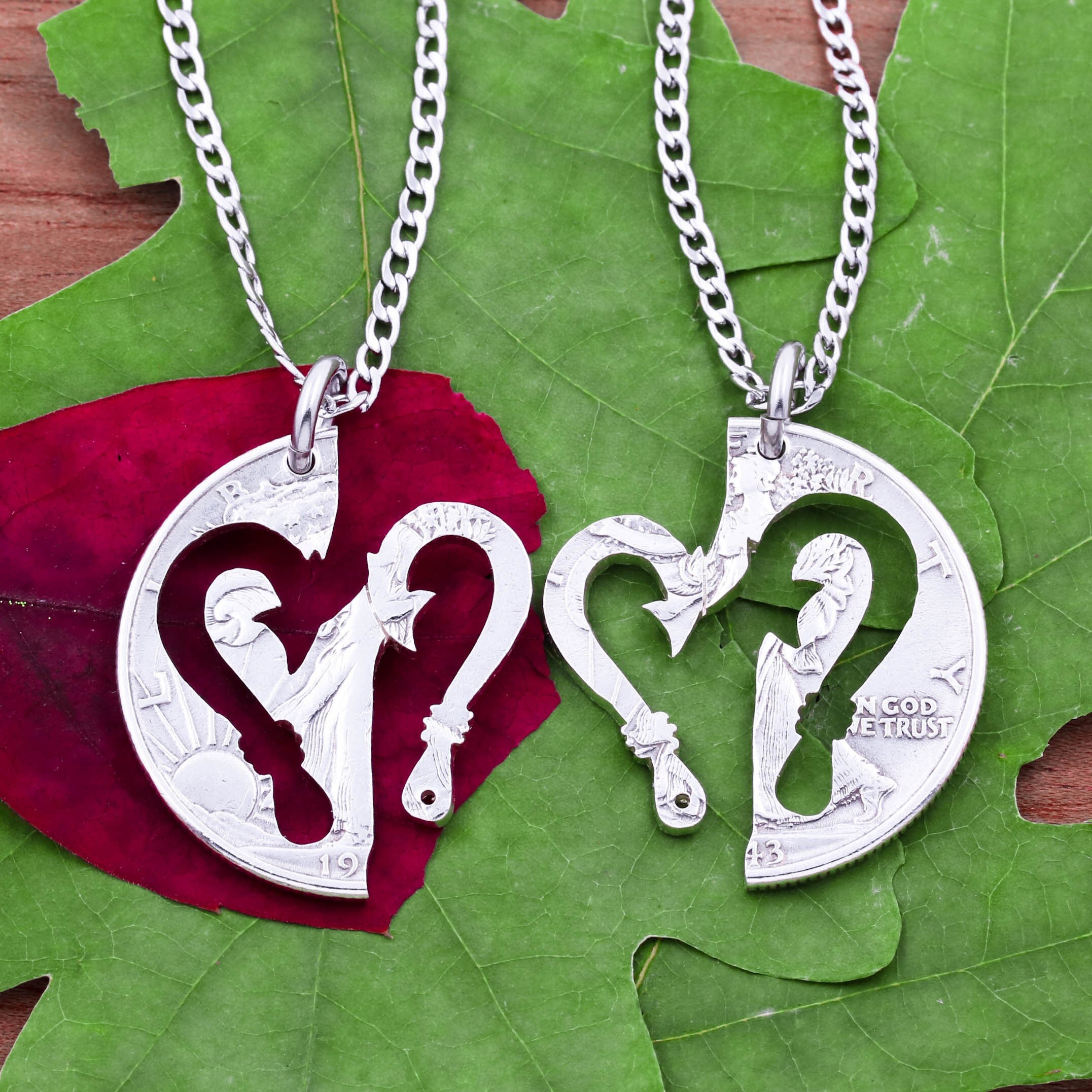 Fish Hook Heart Couples Necklace Set, BFF Gifts, Best Friends Necklaces, Hand Cut Coin