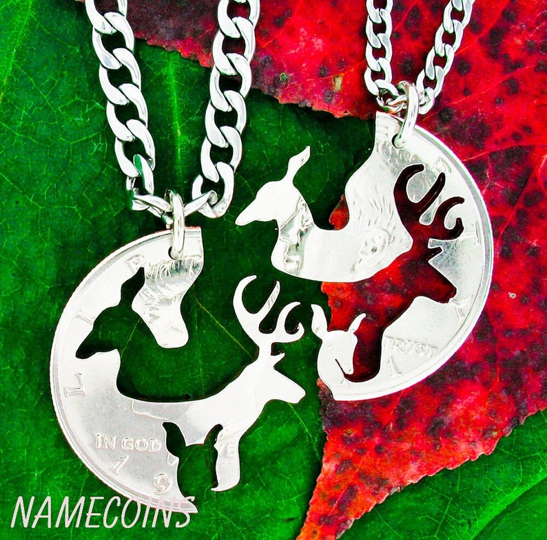 Family Deer Necklace Set, Buck Doe and Fawn Interlocking Set Hand Cut on a Real Coin image 1