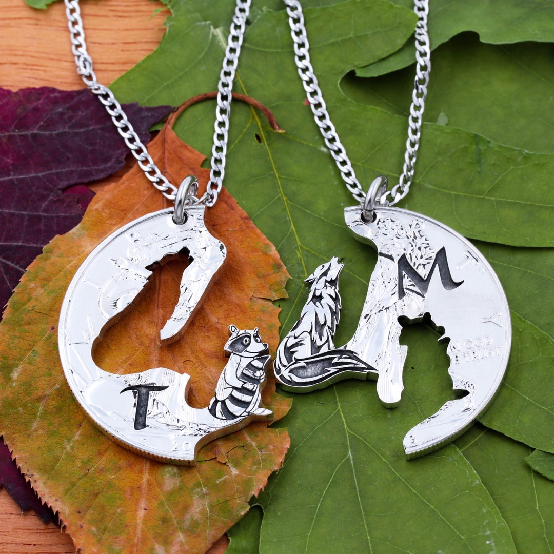 Hand Cut Coin Necklace Set: Raccoon and Wolf, Engraved Initials