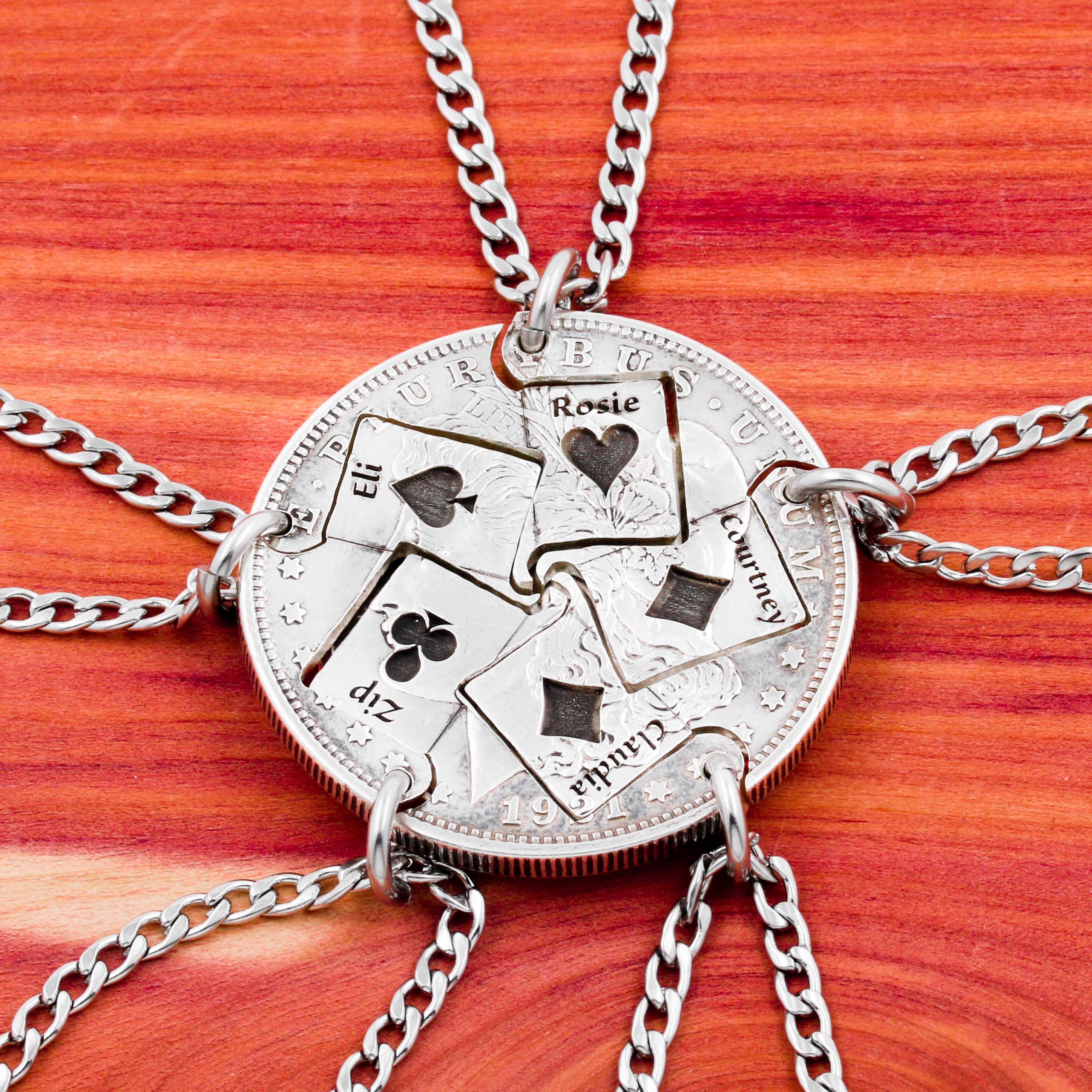 5 Piece Playing Card Necklaces Custom Engraved Names Hearts Etsy