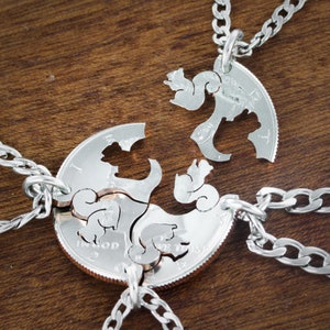 4 Squirrel Necklaces, Best Friends or Family Necklaces, Squirrel Squad, BFF Gifts for 4, Hand Cut Coin