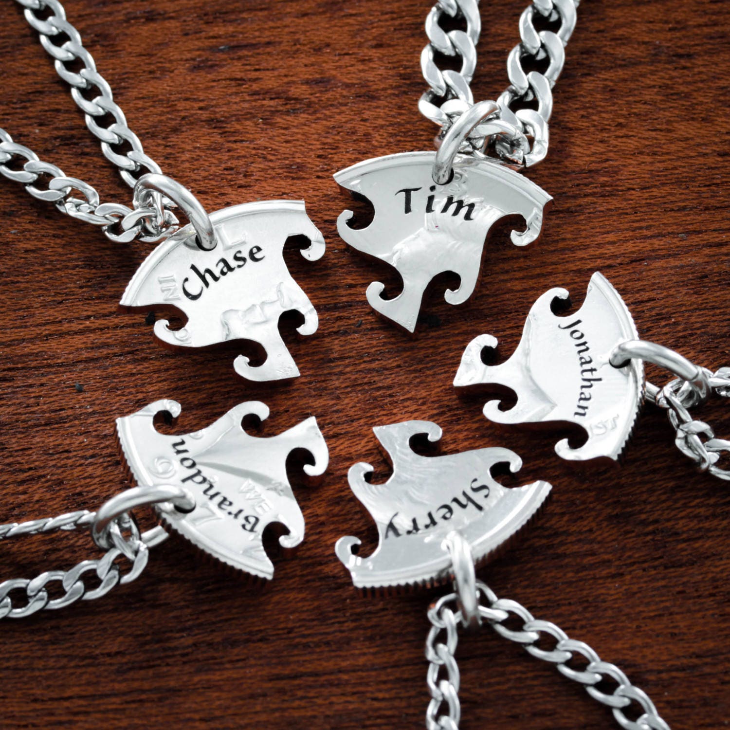 Amazon.com: 5 Puzzle Piece Family Necklaces with Custom Initials, Hand Cut  Coin, By NameCoins : Handmade Products