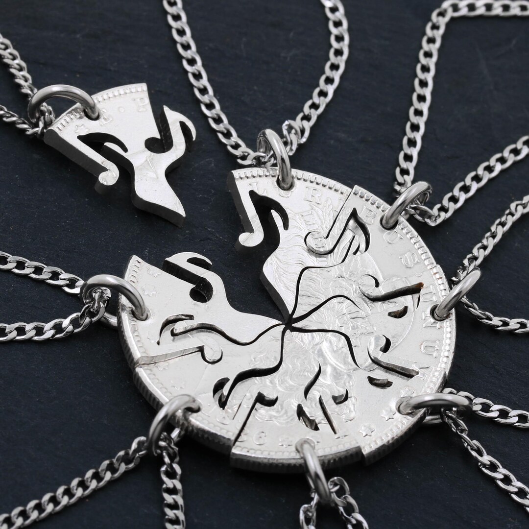 Silver Note Set 8 Silver Music Notes Necklace Set: Hand Cut Coin Puzzle Family Jewelry ...