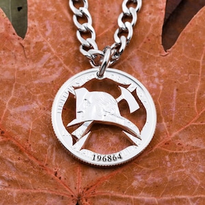 Firefighter Symbol Necklace with Personalized Engraved Number Below, Fire Fighter Gift, Fireman Hat and Axe, Hand Cut Coin