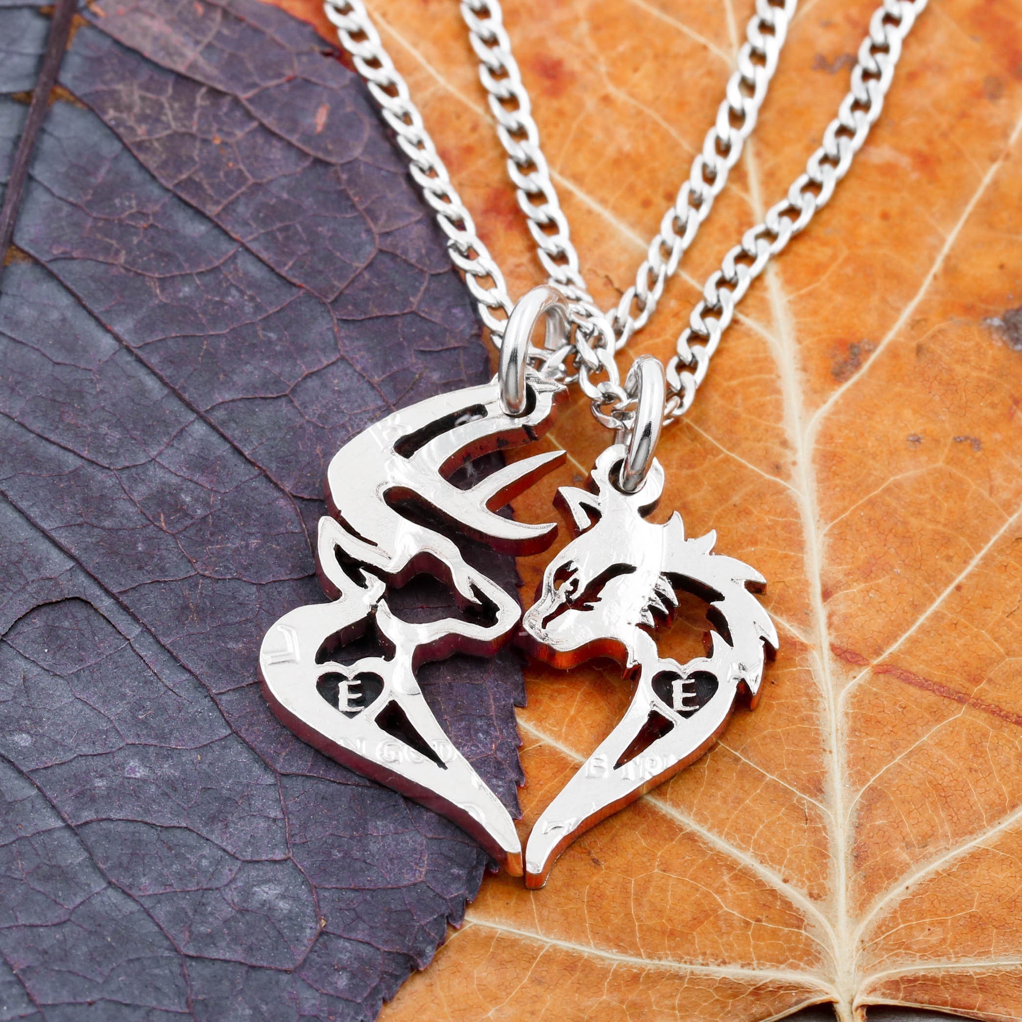 Buck Deer and Cat Couples Necklaces, Custom Engraved Initials