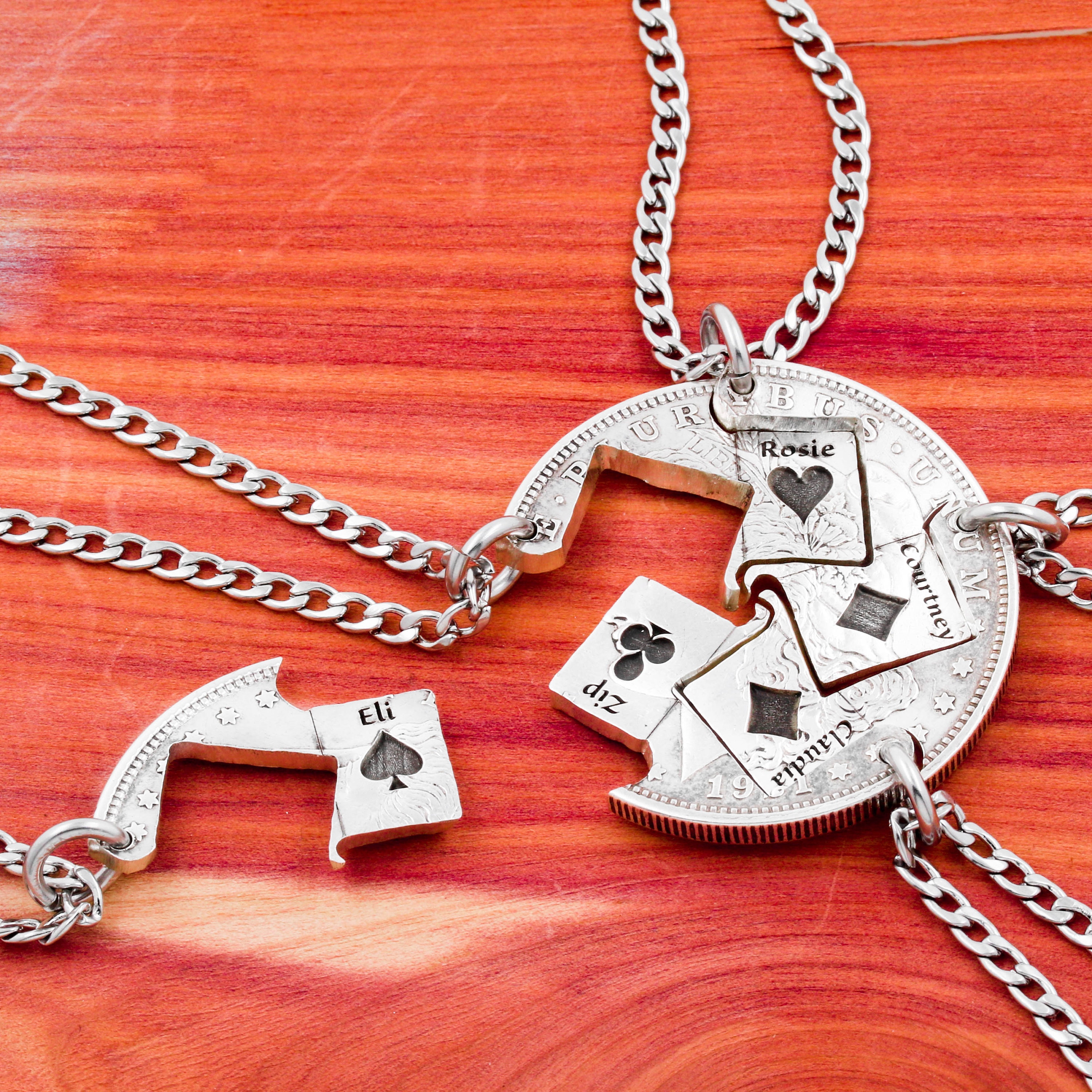 5 Piece Playing Card Necklaces Custom Engraved Names Hearts Etsy