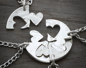 Our Hearts Together, 4 Piece Friends and Family Necklace, Hand Cut Coin