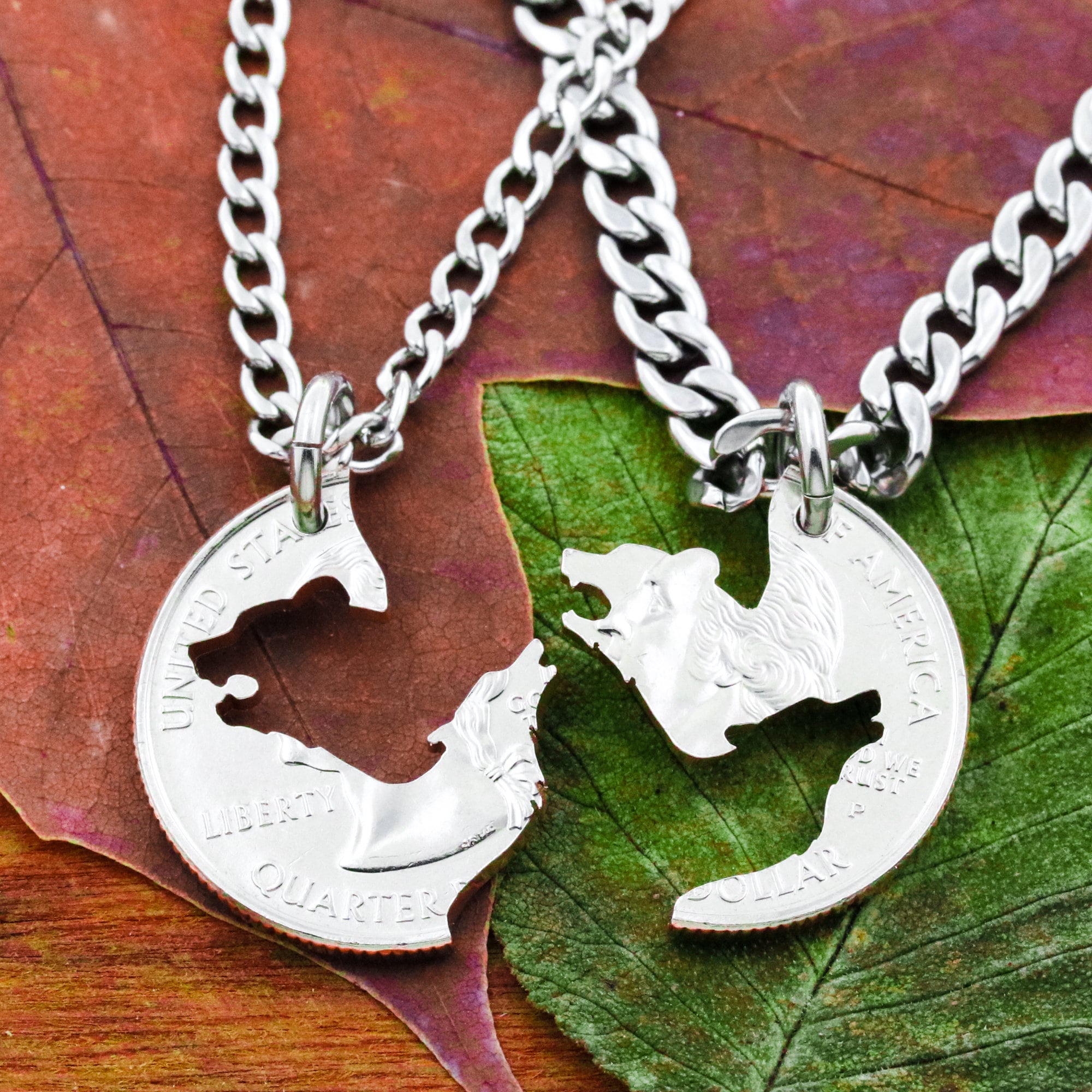 Hand Cut Coin Wolf and Bear Necklace Set, Friendship Jewelry - Etsy