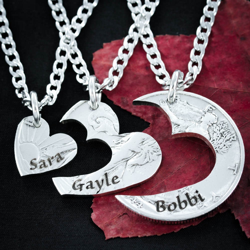 3 Best Friends Heart Necklaces, Custom Names Engraved, 3 BFF, Love
