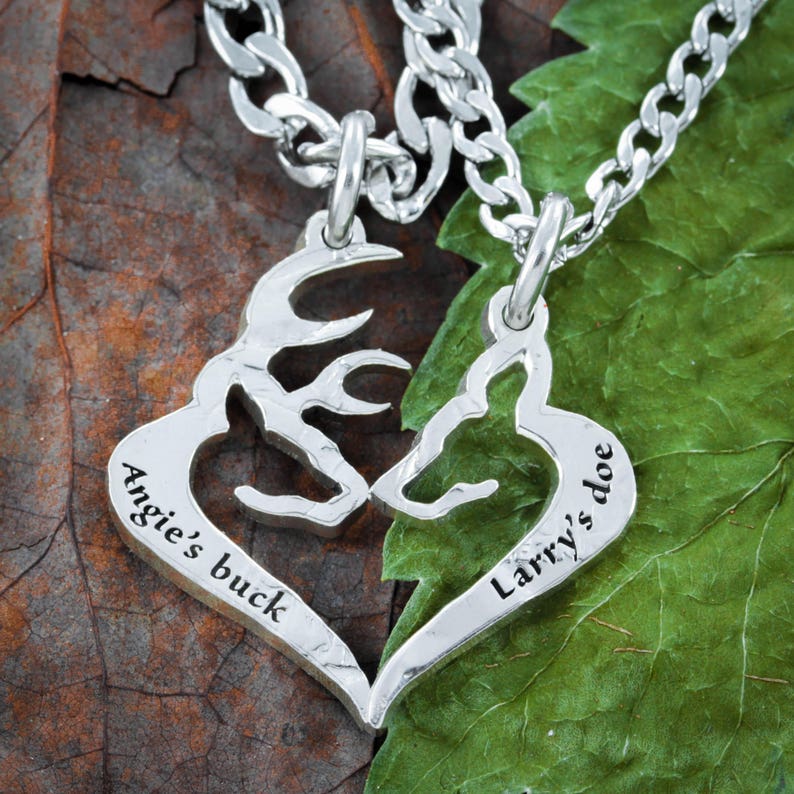 Heart Jewelry His Buck Her Doe Necklace Custom Names engraved Hand Cut Coin