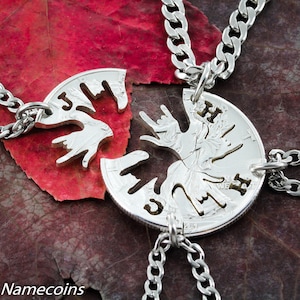 4 Family Necklaces, with Custom Initials, I Love You Hands in ASL, 4 Best Friends, Four BFF, Hand Cut Coin