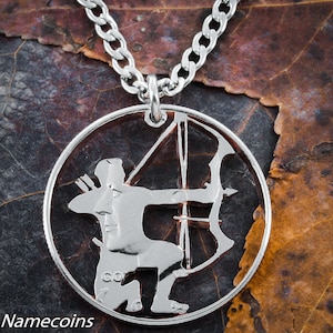 Hunting Jewelry, Compound Bow and Arrow Necklace, Gifts for Men, Hand Cut Half Dollar