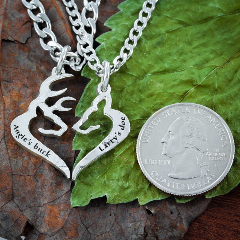 Heart Jewelry His Buck Her Doe Necklace Custom Names engraved Hand Cut Coin