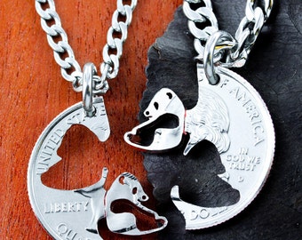 Panda BFF or Couples Necklaces, Asian Jewelry, Best Friend Gifts, Interlocking Couples Necklaces, Hand Cut Coin