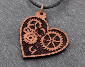 Wooden Steampunk Heart Necklace with Custom Initial, Wood Pendant, Jewelry Gifts for Him or Her