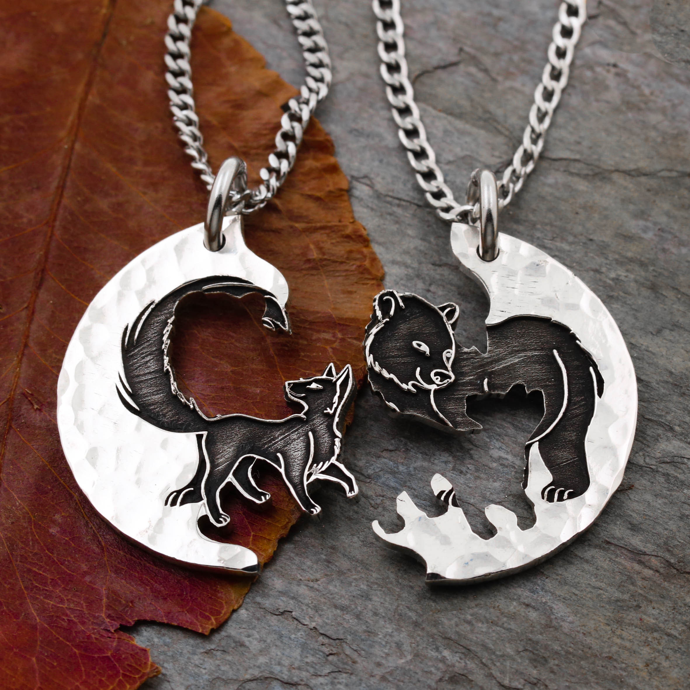Hand Cut Bear & Fox Necklace Set: Hammered Silver Coin, Engraved