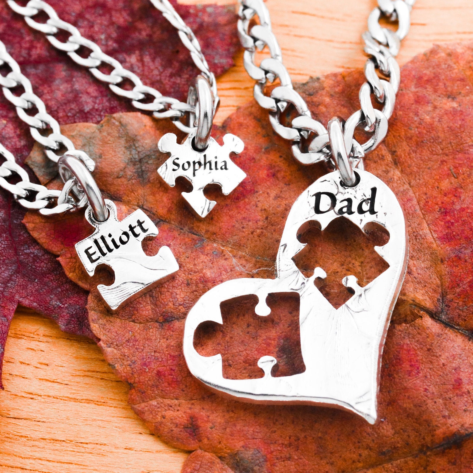 3 Puzzle Necklaces Dad and Kids Custom Names Heart Piece Etsy