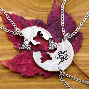 3 Piece Engraved Animal Necklaces, Bunny Rabbits and Sea Turtle, Kids Gifts, Best Friends or Family Jewelry, Hand Cut Coin