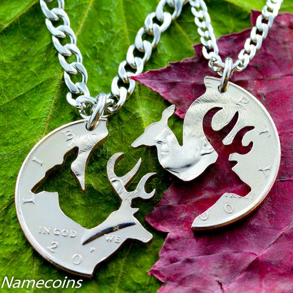 Hand Cut Half Dollar Stag and Doe Necklace Set