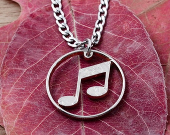 Music Note Necklace, Beamed Note, Musician Gifts, Hand Cut Coin