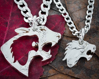 Tiger Best Friends Necklaces, BFF Gifts, Couples or Friendship Jewelry, Inside and Outside Pieces, Hand Cut Coin