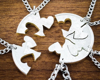 Our Hearts Together, 5 Piece Friends and Family Necklace, Hand Cut Coin