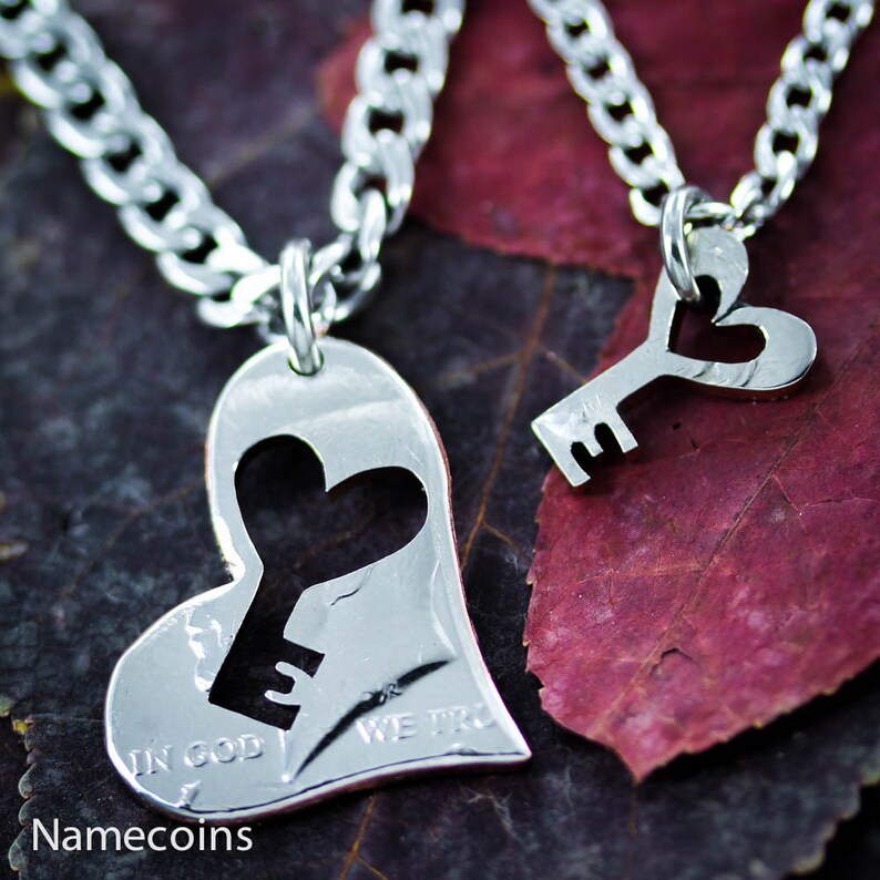 Hand Cut Coin Necklaces for Couples: Key to My Heart Jewelry image 1