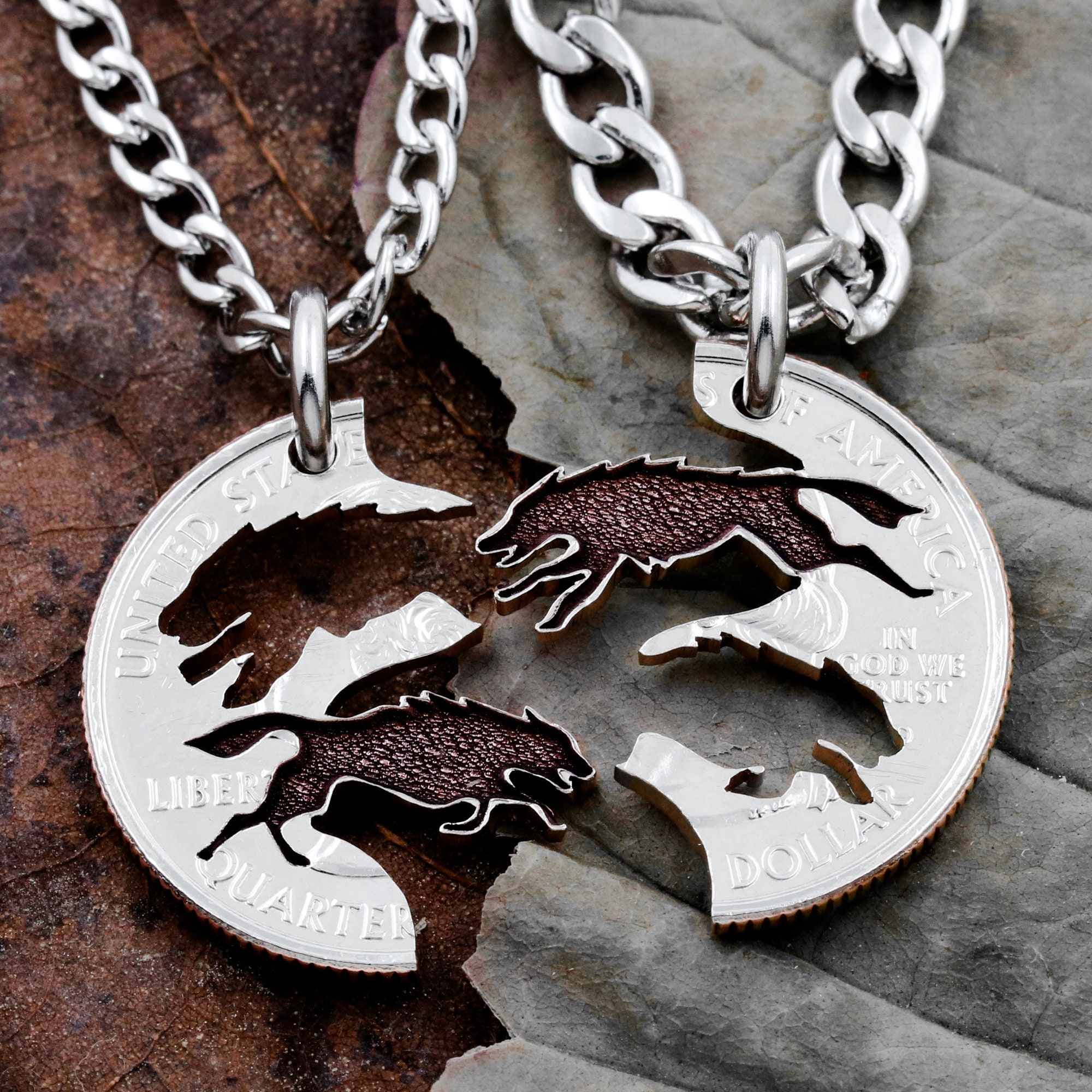 Wolf Necklace Running Wolves Jewelry BFF Gifts Best Friends Forever Necklaces Interlocking Puzzle Set Hand Cut Quarter Etsy