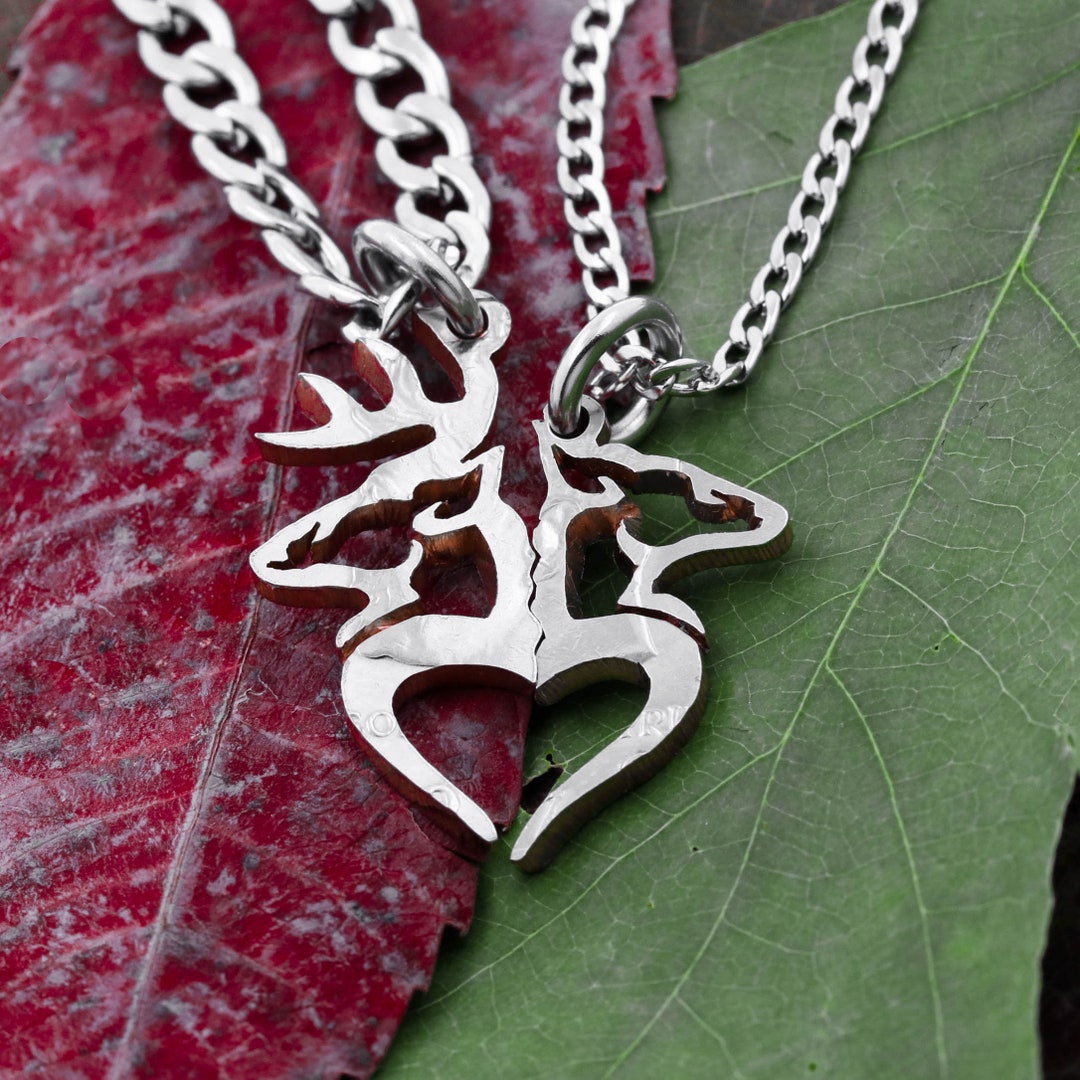 Buck and Doe Heart Couples Necklaces Hunting Jewelry Split Heart Hand Cut Coin Half Dollar