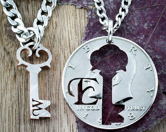 Bespoke Couples Key To My Heart Necklaces with Initials, BFF or Relationship Gifts, Hand Cut Coin