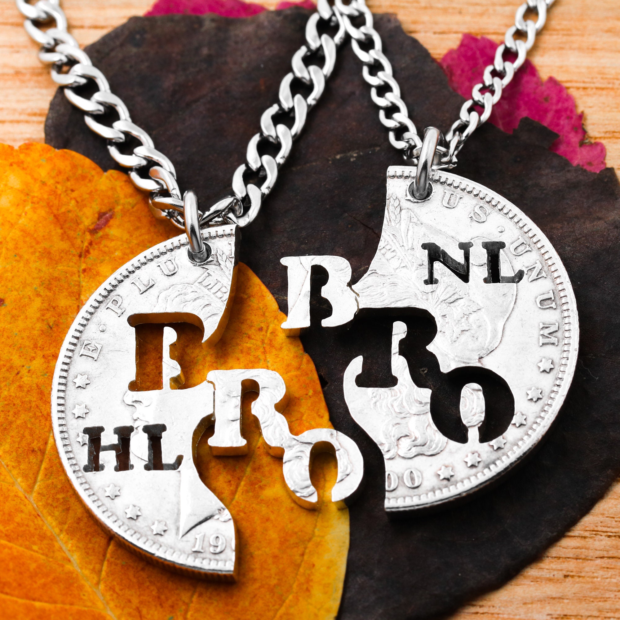 Brother BFF Necklaces, Custom Cut Initials, Best Friends Forever, Big Bro Little Bro, Siblings Jewelry, Interlocking Hand Cut Coin