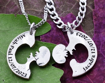 Interlocking Kidney Necklaces, with Custom Engraved Names and Dates, Couples Jewelry, Kidney Donor, Organs, Interlocking Hand Cut Coin