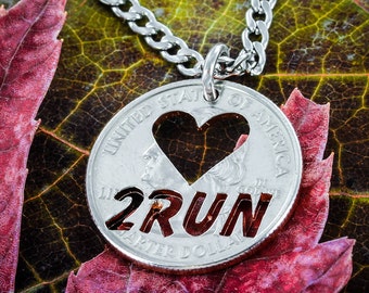 Love 2 Run Necklace, Running Jewelry, Marathon Necklace, Hand Cut Coin