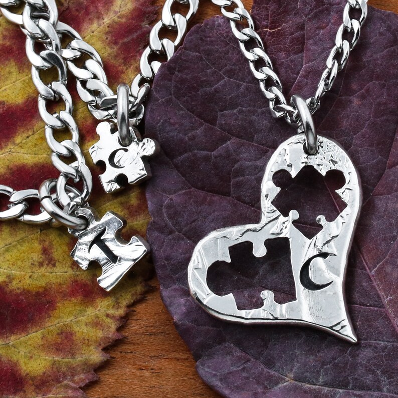 Three BFF Gifts 3 Best Friends with Initials Puzzle Pieces Cut From A Heart 3 Heart Necklaces Personalized Cut Coin