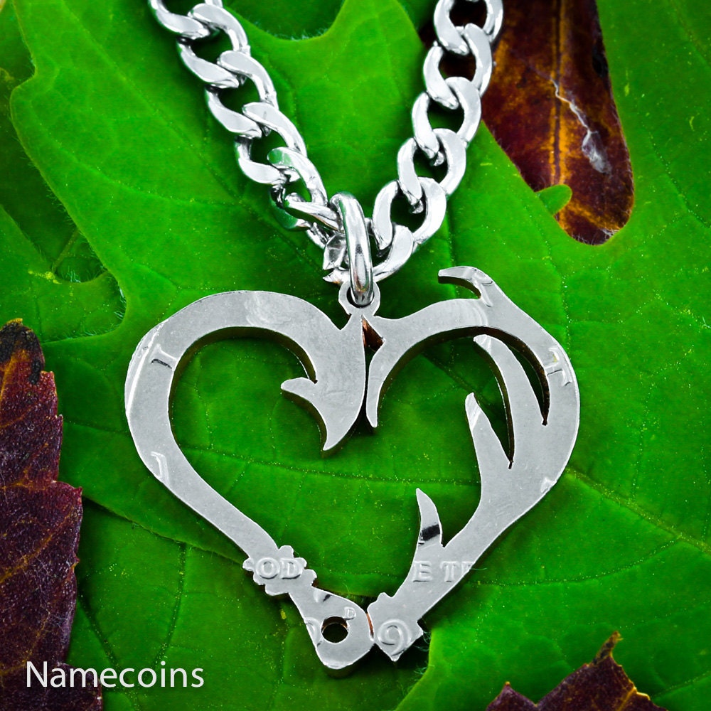 Fish Hook and Antler Heart Necklace Hand Cut Coin