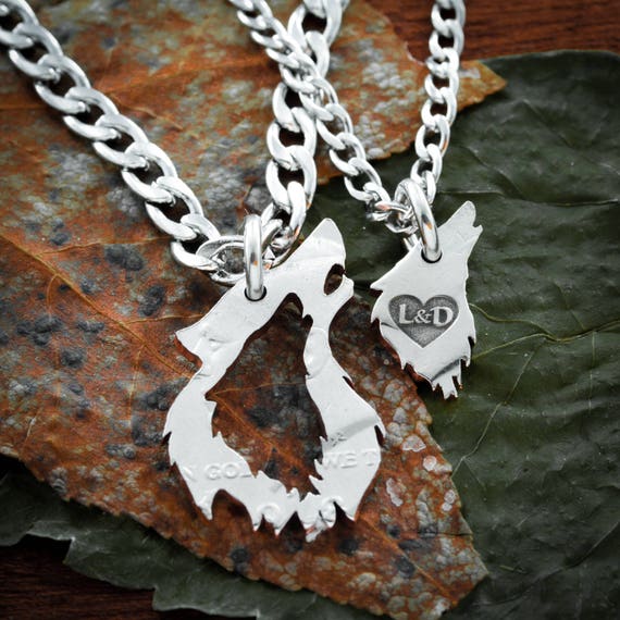 Wolf Couples Necklaces With Custom Initials Engraved in a Heart