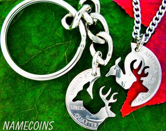 Buck and Doe Keychain, Hunting Jewelry, Deer Necklace, Interlocking Set Hand Cut Coin