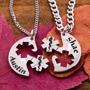 Star of Life Couples Necklaces, Custom Engraved Names, Nurse Jewelry, Interlocking Like a Puzzle, Relationship Medical Jewelry, Hand Cut