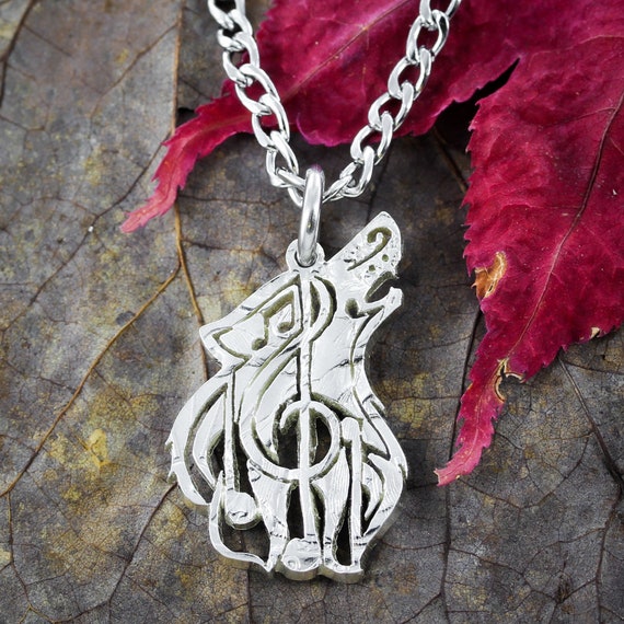 Wolf Music Note Necklace: Hand Cut Coin Animal Jewelry