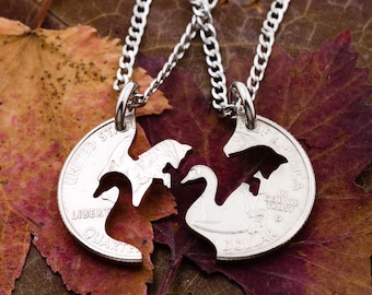 Fox and Goose BFF Necklaces, Couples Gift, Interlocking Animal Jewelry, Hand Cut Coin