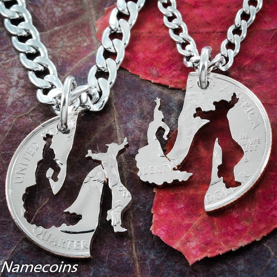 Hand Cut Coin Ballroom Dance Necklace Set: Couples Jewelry Gifts