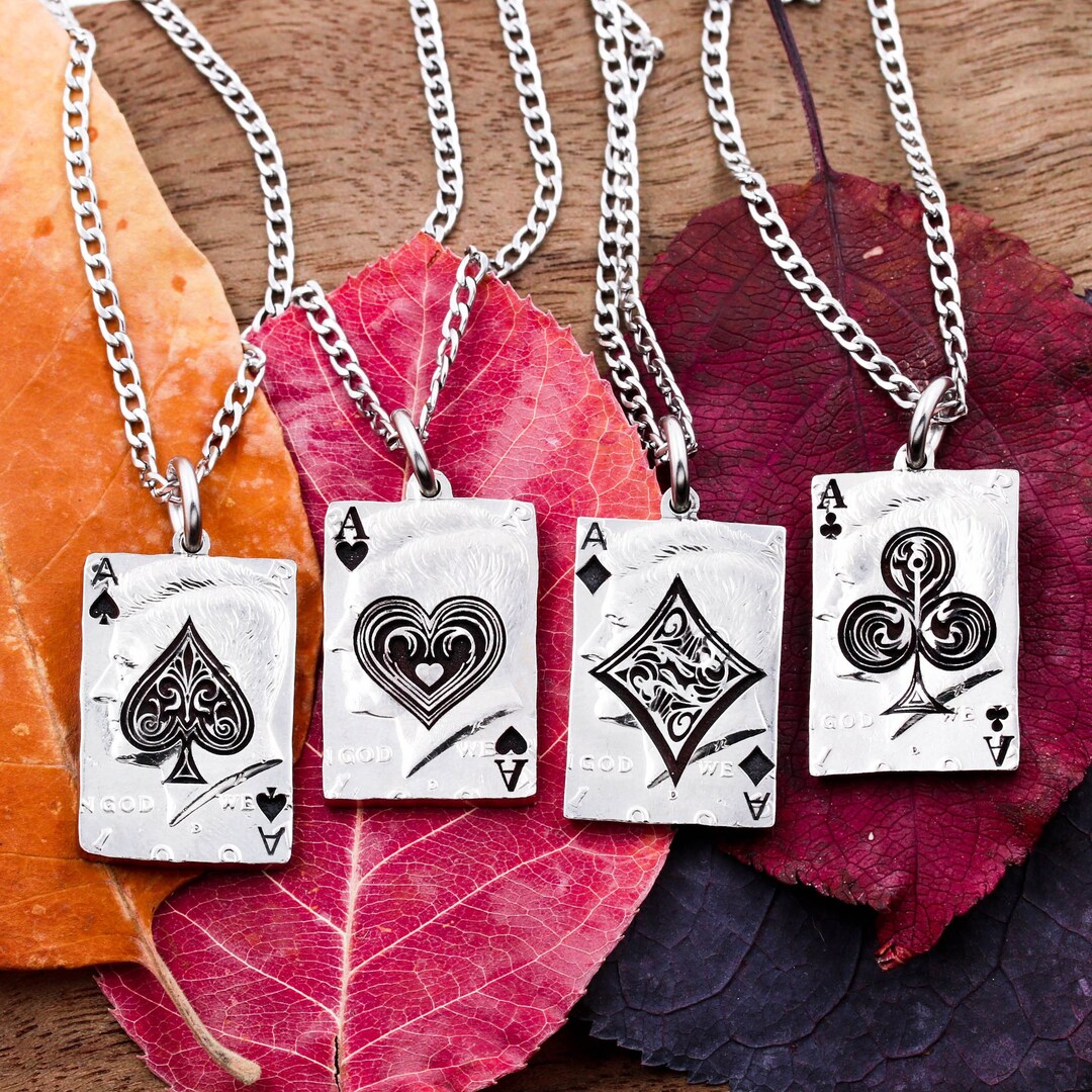 Ace of Spades, Hearts, Diamonds and Clubs, 4 Necklaces, Playing Card